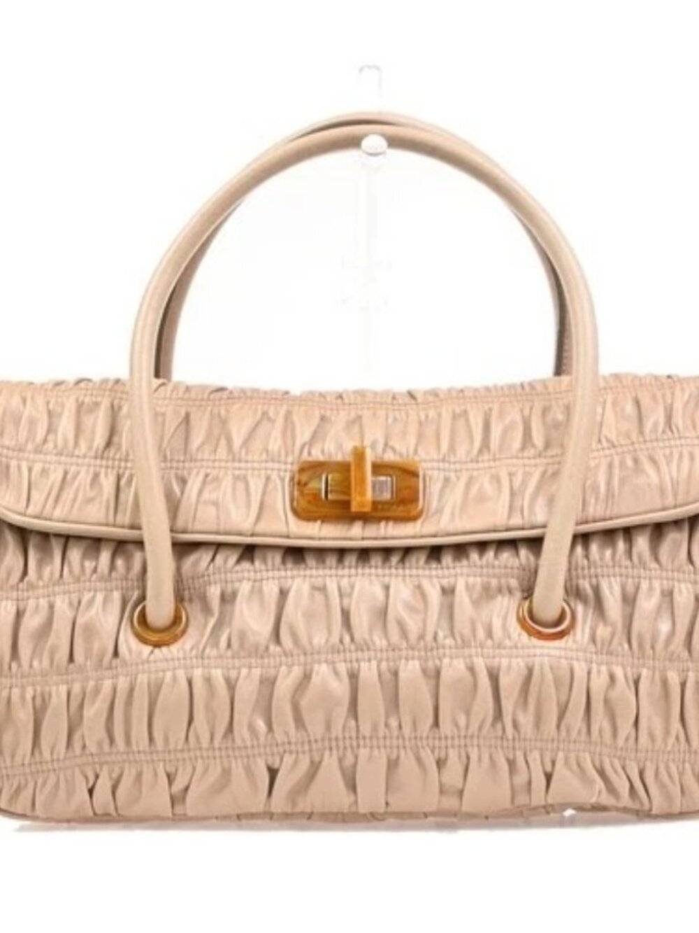 PRADA Logo Flap Shoulder Hand Bag Gathered Nappa Leather Beige Italy 70MA395